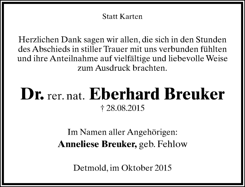  Traueranzeige für Eberhard Breuker vom 10.10.2015 aus Lippische Landes-Zeitung