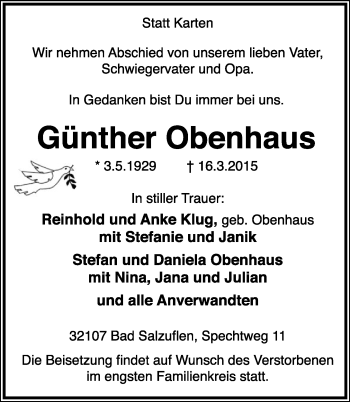 Anzeige  Günther Obenhaus  Lippische Landes-Zeitung