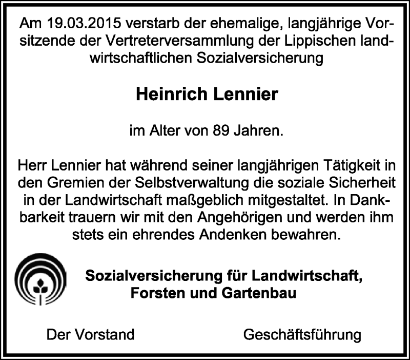  Traueranzeige für Heinrich Lennier vom 24.03.2015 aus Lippische Landes-Zeitung