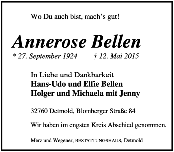 Anzeige  Annerose Bellen  Lippische Landes-Zeitung