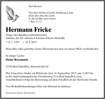 Anzeige  Hermann Fricke  Lippische Landes-Zeitung