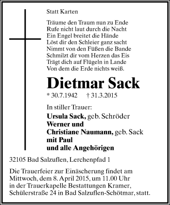 Anzeige  Dietmar Sack  Lippische Landes-Zeitung