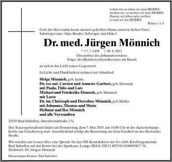 Anzeige  Jürgen Mönnich  Lippische Landes-Zeitung