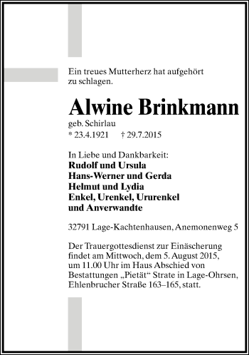 Anzeige  Alwine Brinkmann  Lippische Landes-Zeitung