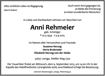 Anzeige  Anni Rehmeier  Lippische Landes-Zeitung