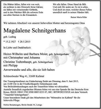 Anzeige  Magdalene Schnitgerhans  Lippische Landes-Zeitung