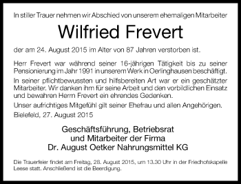Anzeige  Wilfried Frevert  Lippische Landes-Zeitung