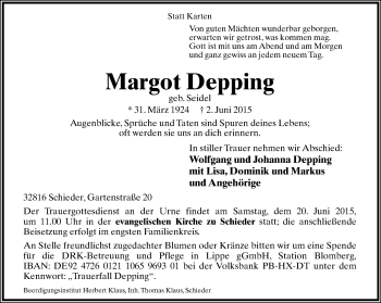 Anzeige  Margot Depping  Lippische Landes-Zeitung