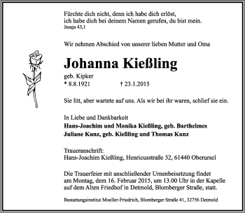 Anzeige  Johanna Kießling  Lippische Landes-Zeitung