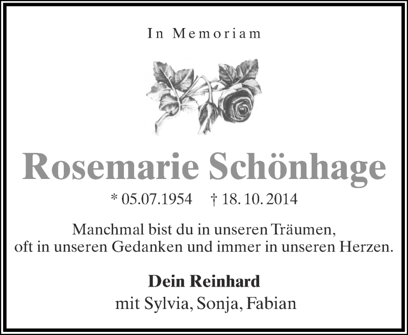  Traueranzeige für Rosemarie Schönhage vom 19.10.2015 aus Lippische Landes-Zeitung