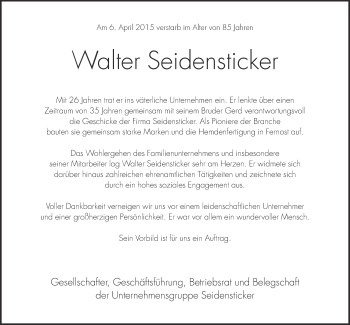 Anzeige  Walter Seidensticker  Lippische Landes-Zeitung
