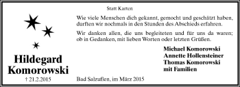 Anzeige  Hildegard Komorowski  Lippische Landes-Zeitung