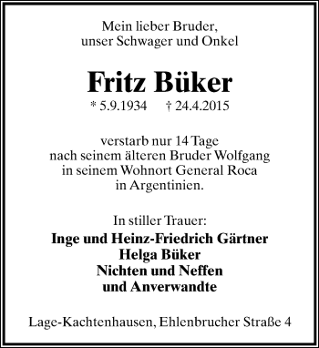 Anzeige  Fritz Büker  Lippische Landes-Zeitung