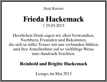 Anzeige  Frieda Hackemack  Lippische Landes-Zeitung