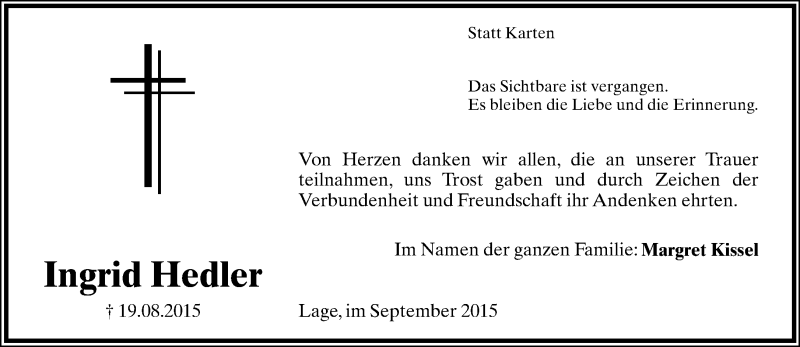 Traueranzeige für Ingrid Hedler vom 26.09.2015 aus Lippische Landes-Zeitung