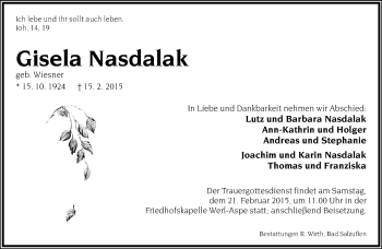 Anzeige  Gisela Nasdalak  Lippische Zeitung