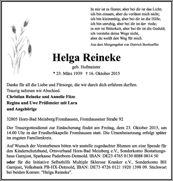 Anzeige  Helga Reineke  Lippische Landes-Zeitung
