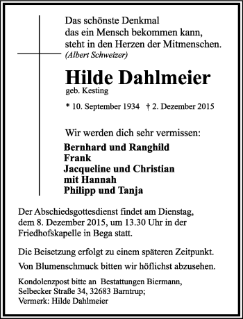 Anzeige  Hildegard Dahlmeier  Lippische Landes-Zeitung