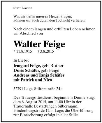 Anzeige  Walter Feige  Lippische Landes-Zeitung