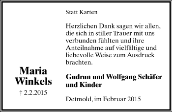 Anzeige  Maria Winkels  Lippische Landes-Zeitung