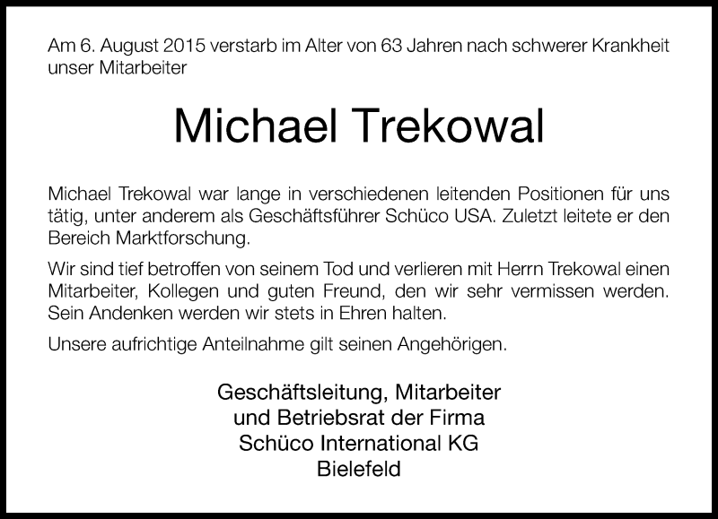  Traueranzeige für Michael Trekowal vom 15.08.2015 aus Lippische Landes-Zeitung