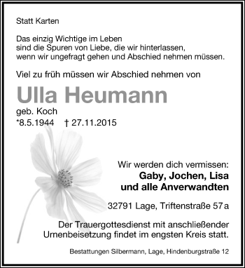 Anzeige  Ulla Heumann  Lippische Landes-Zeitung