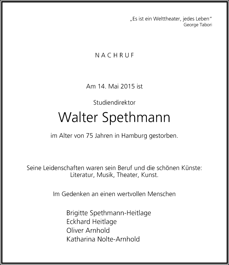  Traueranzeige für Walter Spethmann vom 13.06.2015 aus Lippische Landes-Zeitung