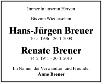 Anzeige  Hans-Jürgen und Renate Breuer  Lippische Landes-Zeitung