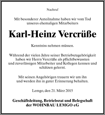 Anzeige  Karl-Heinz Vercrüße  Lippische Landes-Zeitung
