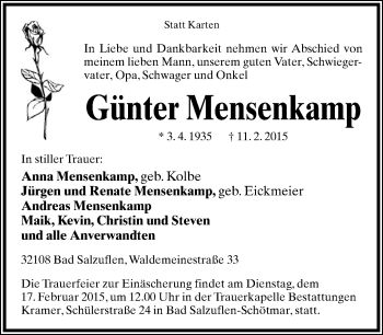 Anzeige  Günter Mensenkamp  Lippische Landes-Zeitung
