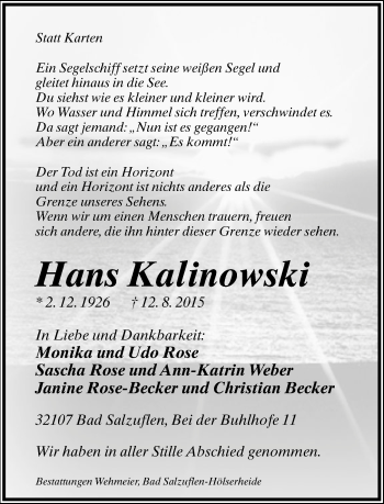 Anzeige  Hans Kalinowski  Lippische Landes-Zeitung