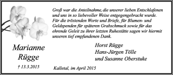 Anzeige  Marianne Rügge  Lippische Landes-Zeitung