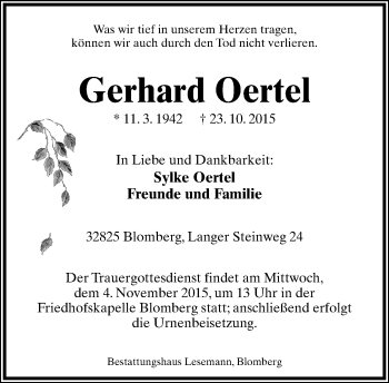 Anzeige  Gerhard Oertel  Lippische Landes-Zeitung