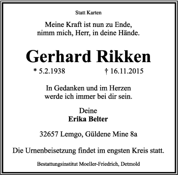 Anzeige  Gerhard Rikken  Lippische Landes-Zeitung