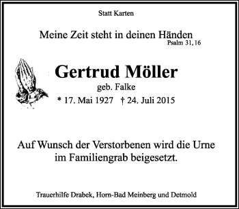 Anzeige  Gertrud Möller  Lippische Landes-Zeitung