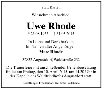 Anzeige  Uwe Rhode  Lippische Landes-Zeitung