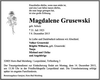 Anzeige  Magdalene Grusewski  Lippische Landes-Zeitung