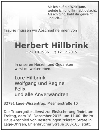 Anzeige  Herbert Hillbrink  Lippische Landes-Zeitung