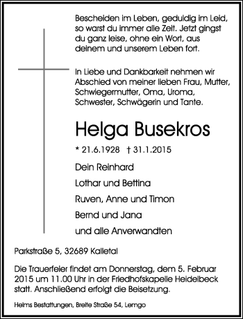 Anzeige  Helga Busekros  Lippische Landes-Zeitung