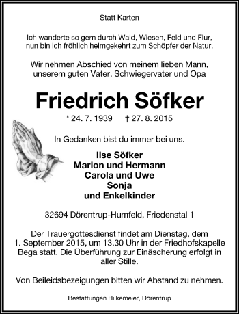 Anzeige  Friedrich Söfker  Lippische Landes-Zeitung