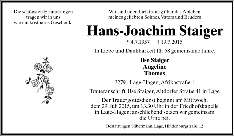  Traueranzeige für Hans-Joachim Staiger vom 25.07.2015 aus Lippische Landes-Zeitung