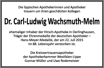 Anzeige  Carl-Ludwig Wachsmuth-Melm  Lippische Landes-Zeitung