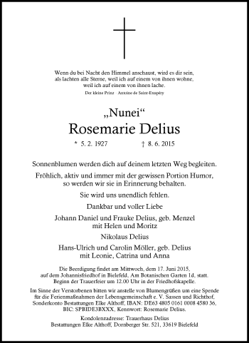 Anzeige  Rosemarie Delius  Lippische Landes-Zeitung