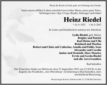 Anzeige  Heinz Riedel  Lippische Landes-Zeitung