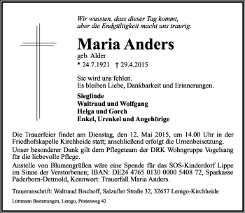 Anzeige  Maria Anders  Lippische Landes-Zeitung