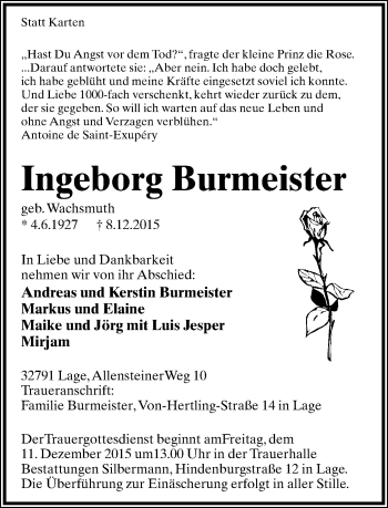 Anzeige  Ingeborg Burmeister  Lippische Landes-Zeitung