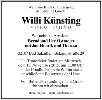 Anzeige  Willi Künsting  Lippische Landes-Zeitung