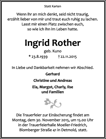 Anzeige  Ingrid Rother  Lippische Landes-Zeitung