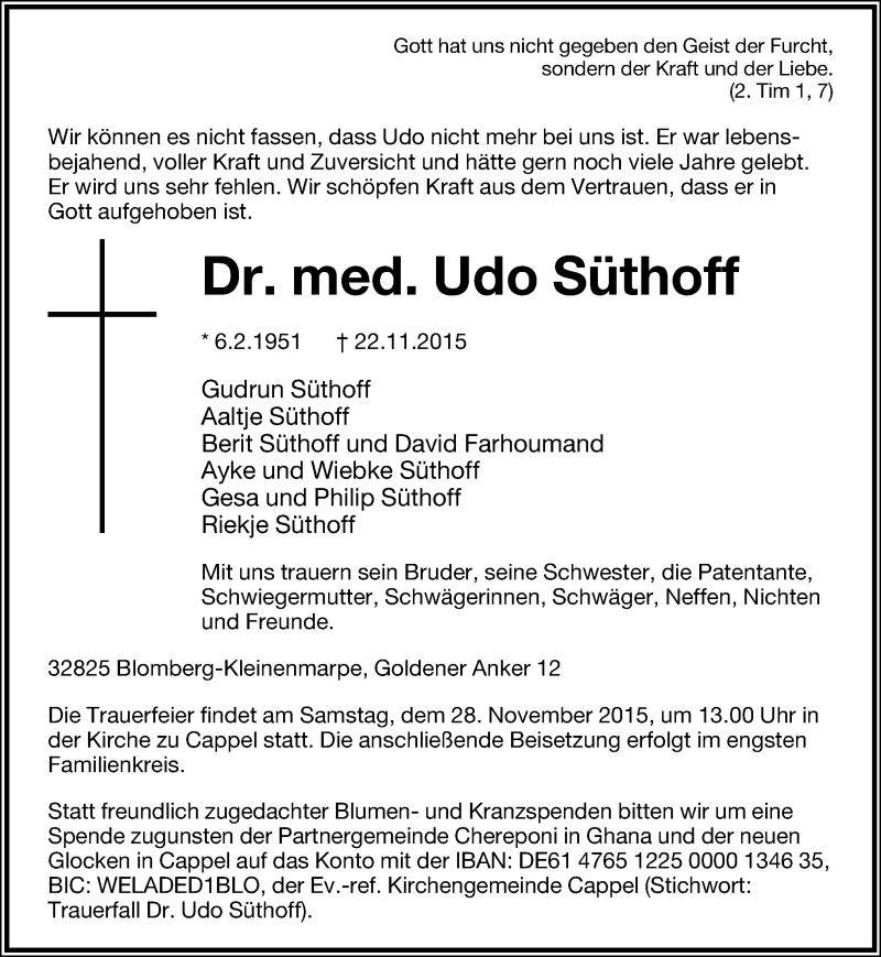  Traueranzeige für Udo Süthoff vom 25.11.2015 aus Lippische Landes-Zeitung