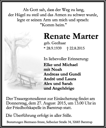 Anzeige  Renate Marter  Lippische Landes-Zeitung